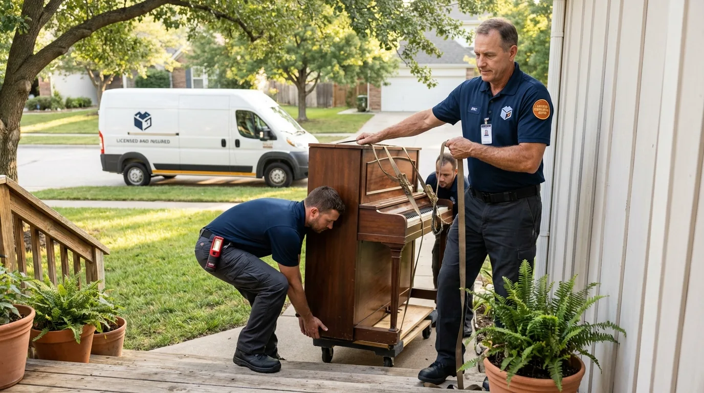 Licensed piano movers securing grand piano in Towaoc, CO