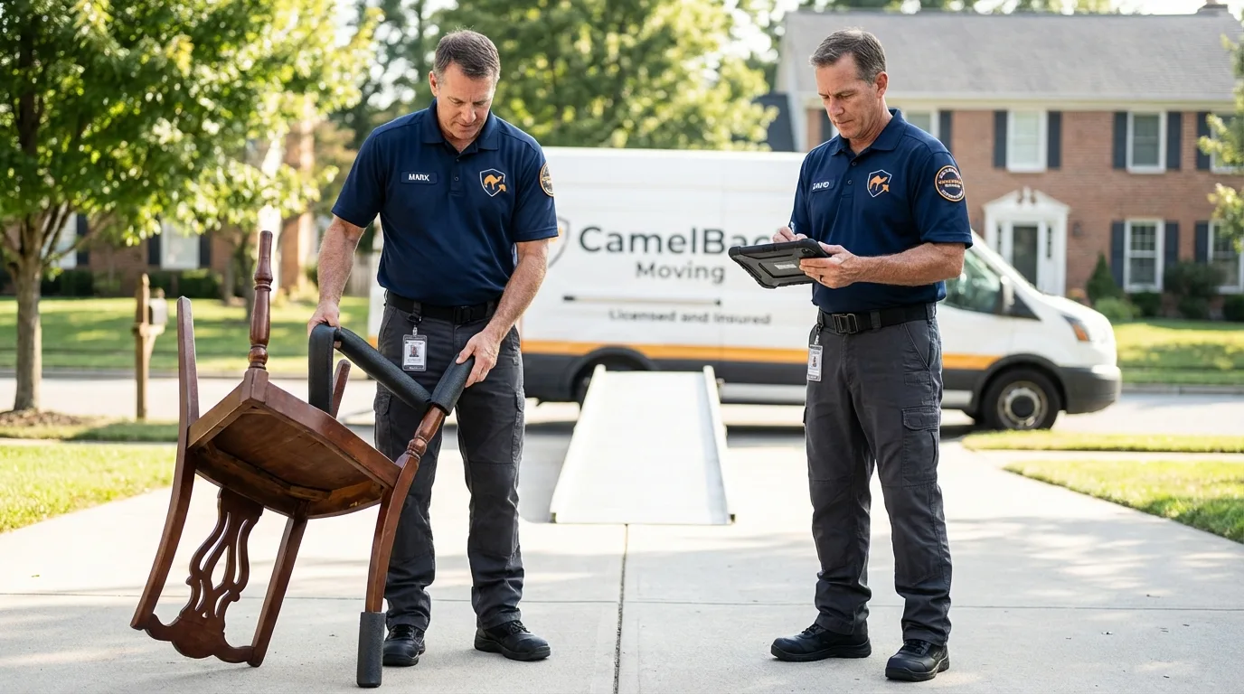 Movers inspecting furniture for damage prevention before loading in Towaoc, CO
