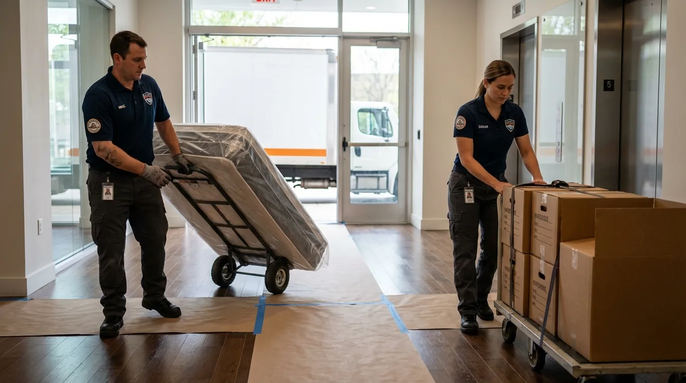 Professional apartment movers loading elevator in Towaoc, CO